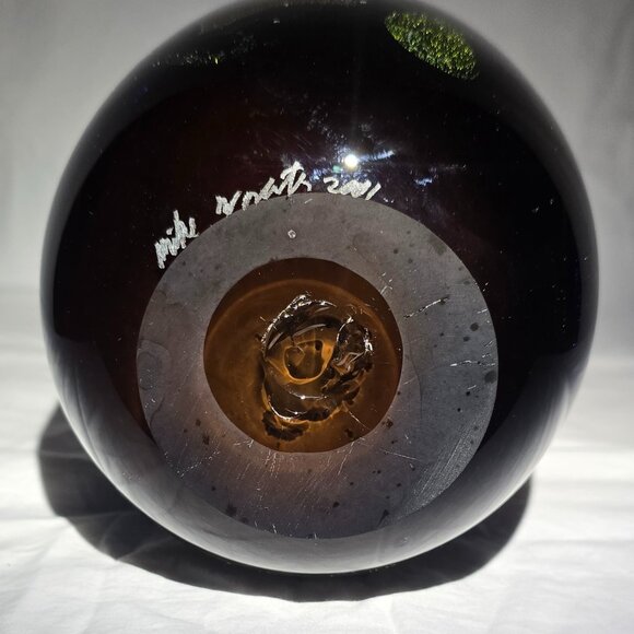 Signed 2001 Studio Hand Blown Art Glass Vase Amber Multi Metallic Flake 9"H - Picture 6 of 8